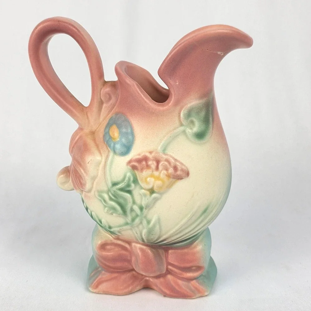 Hull Art USA Pottery‎ Pitcher Vase Flowers Bow Pink Blue Cream 6.25" Cracked - Picture 4 of 14